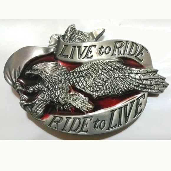 LIVE TO RIDE SILVER RED BUCKLE EXTENT - Picture 1 of 2